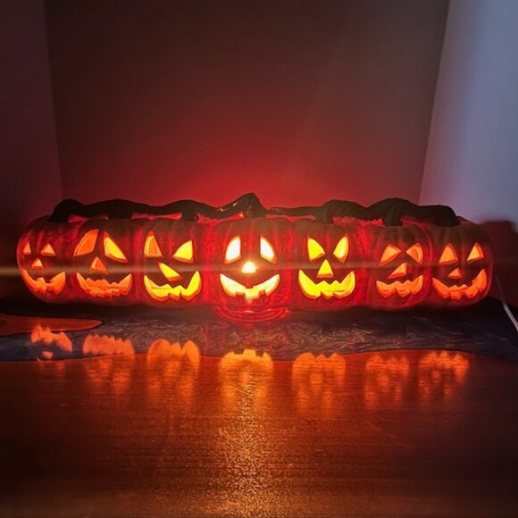 Halloween 26" Row of 7 Jack O Lantern Pumpkins Lighted Foam Blow Mold - Picture 1 of 10